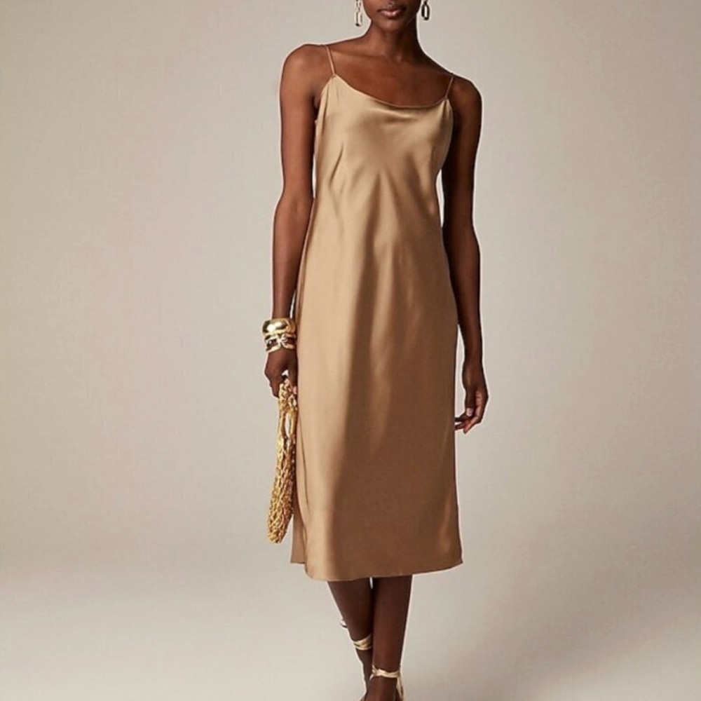 NEW J. Crew Elegant Gwyneth Slip Dress in Luster Charmeuse, Satin Tan Camel, 4